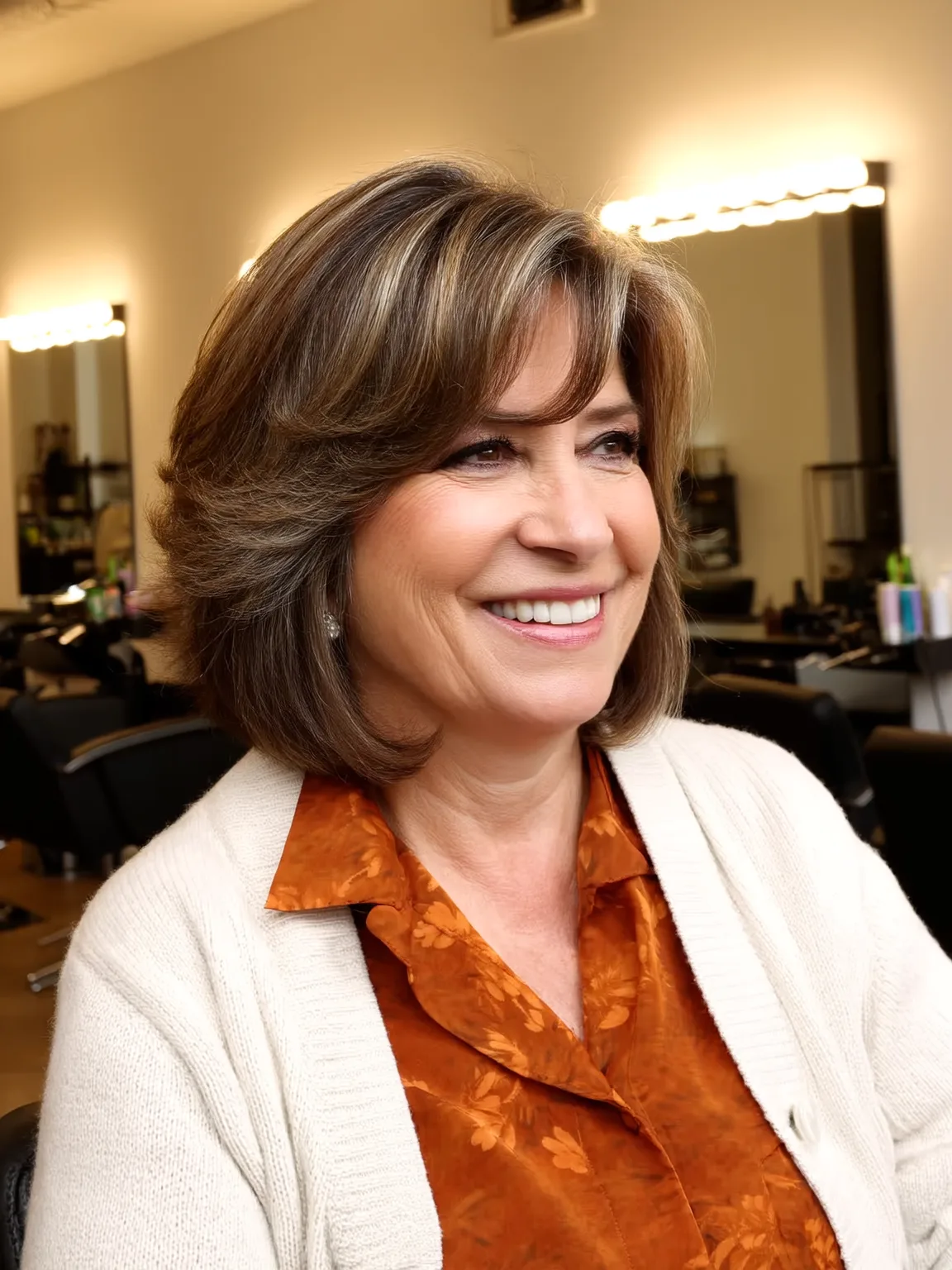Chin-Length Layered Bob in Soft Chocolate with Caramel Highlights